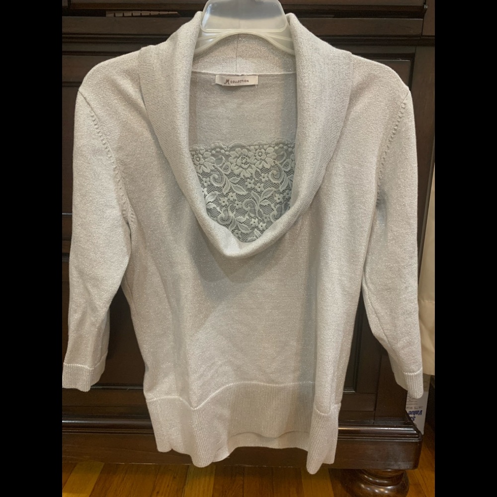 Women sweater Size Small , Beautiful Funnel Neck, Front Lace in silver grey